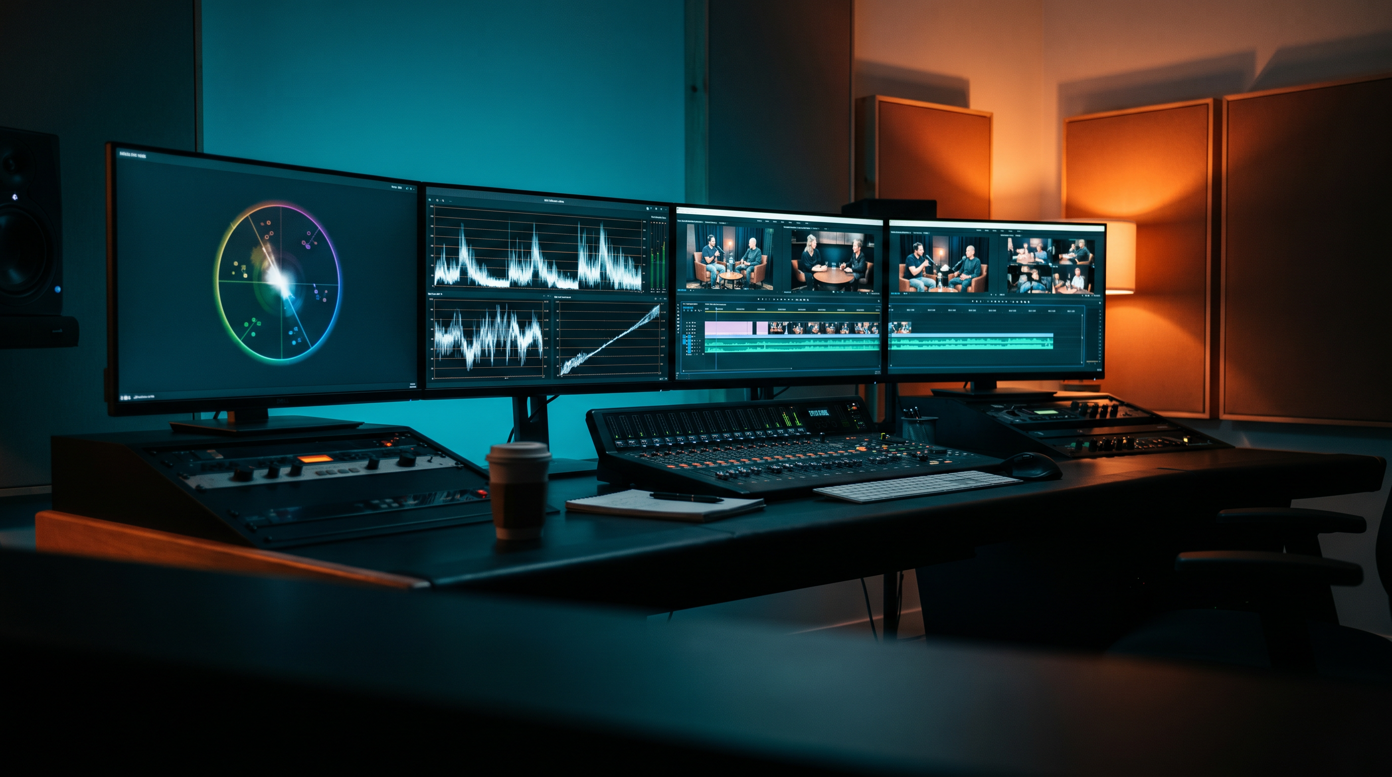 A professional color-grading and audio-mixing editing suite with multicam podcast footage on screen