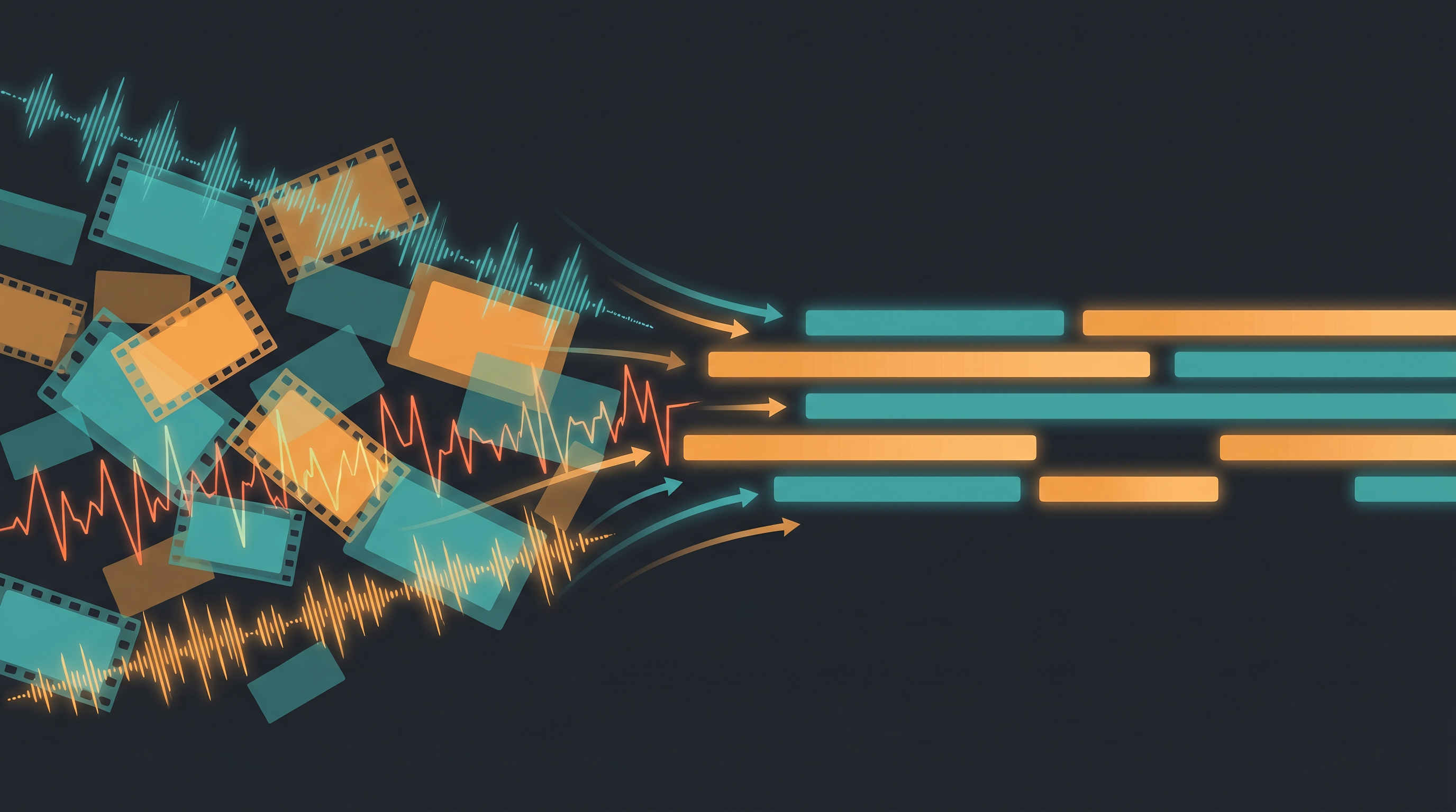 Illustration of scattered raw video and audio files converging into a clean, organized edited timeline